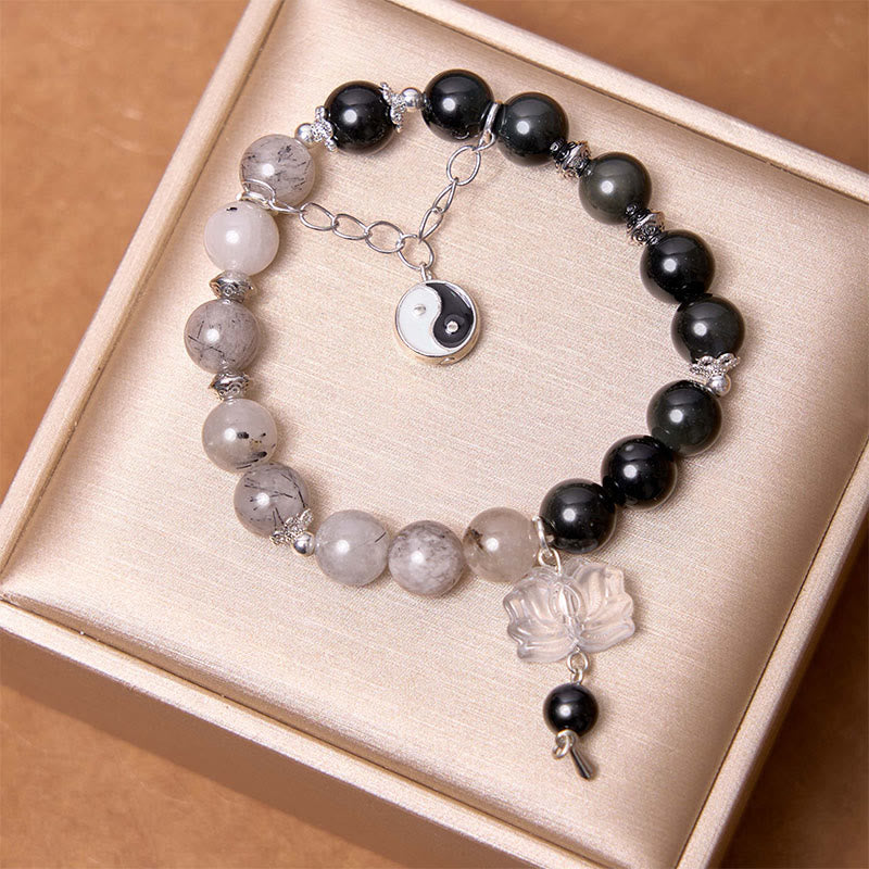 Silver Sheen Obsidian Protection Bracelet with Yin Yang Lotus Charm