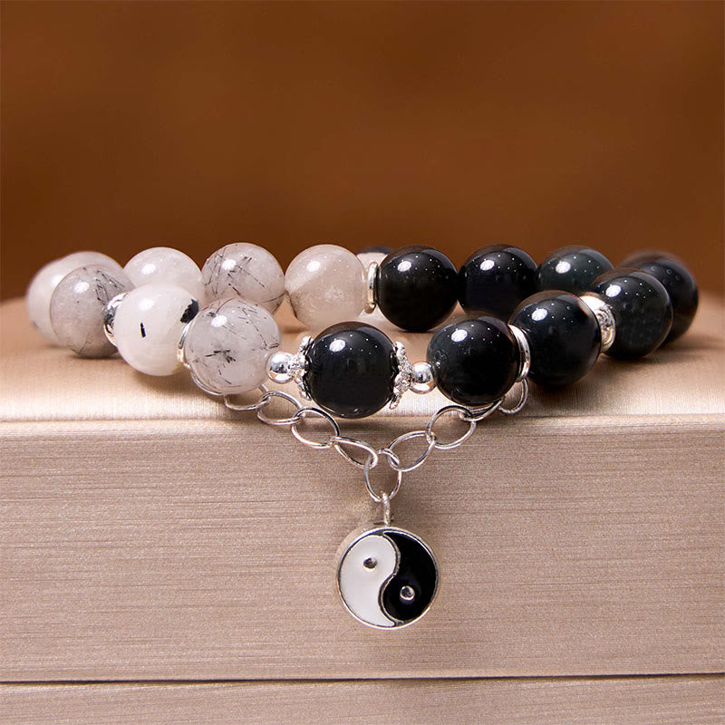 Silver Sheen Obsidian Protection Bracelet with Yin Yang Lotus Charm