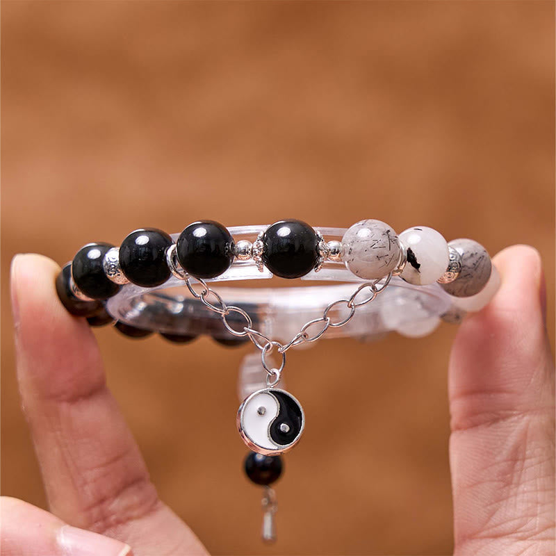 Silver Sheen Obsidian Protection Bracelet with Yin Yang Lotus Charm