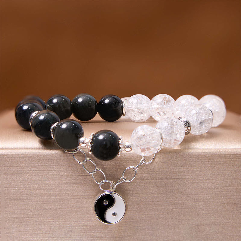 Silver Sheen Obsidian Protection Bracelet with Yin Yang Lotus Charm
