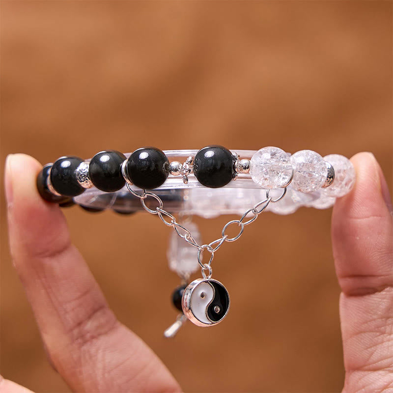 Silver Sheen Obsidian Protection Bracelet with Yin Yang Lotus Charm