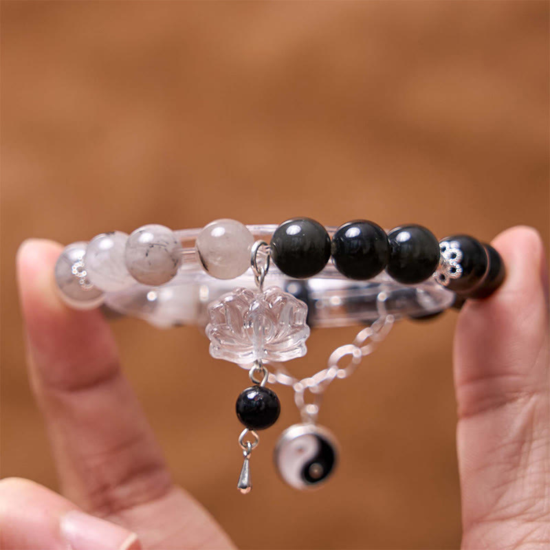 Silver Sheen Obsidian Protection Bracelet with Yin Yang Lotus Charm