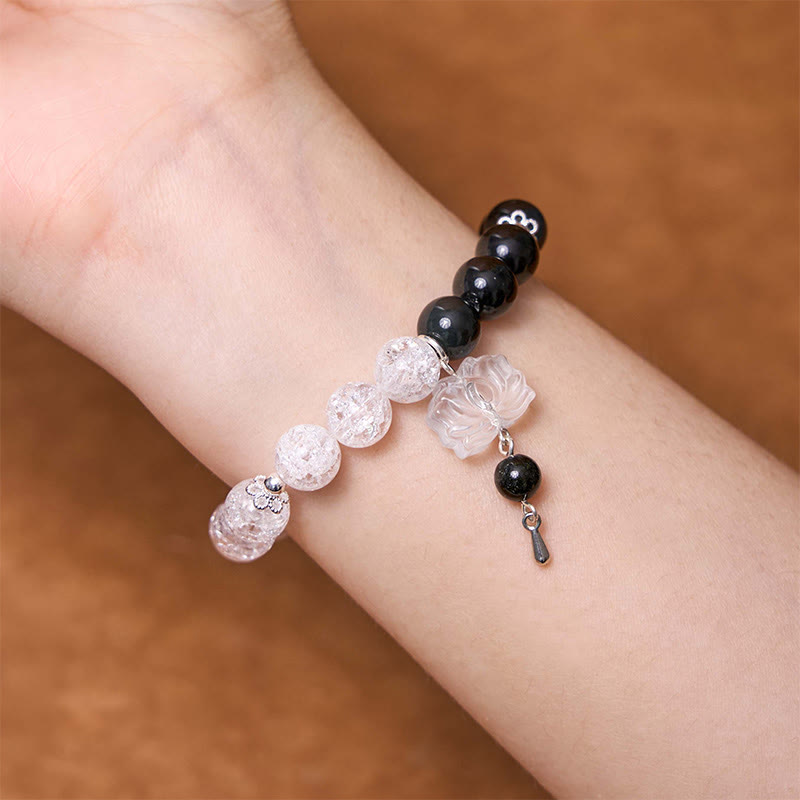 Silver Sheen Obsidian Protection Bracelet with Yin Yang Lotus Charm