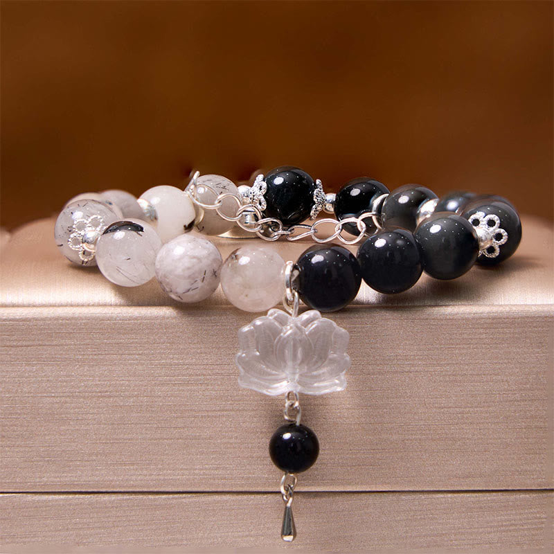 Silver Sheen Obsidian Protection Bracelet with Yin Yang Lotus Charm