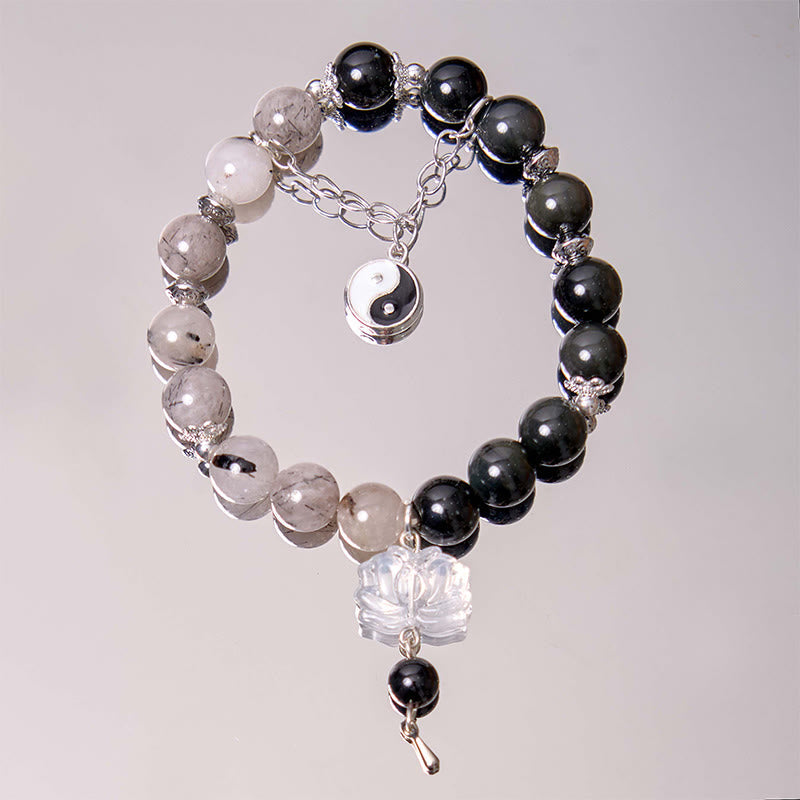 Silver Sheen Obsidian Protection Bracelet with Yin Yang Lotus Charm