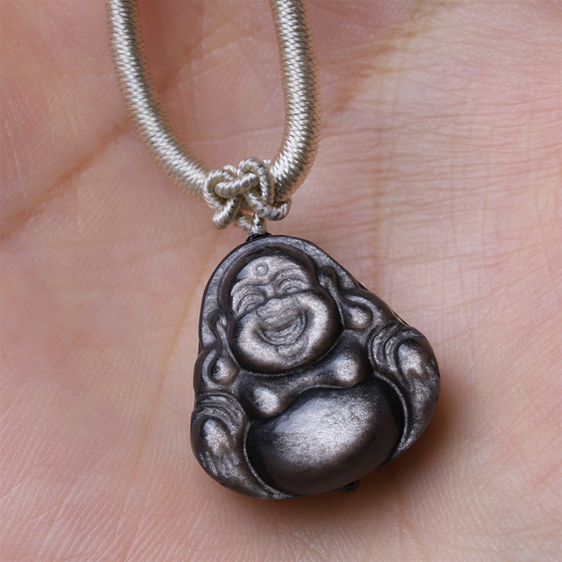Silver Sheen Obsidian Protection Necklace with Laughing Buddha