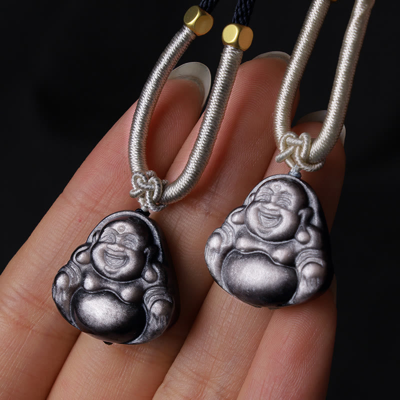 Silver Sheen Obsidian Protection Necklace with Laughing Buddha