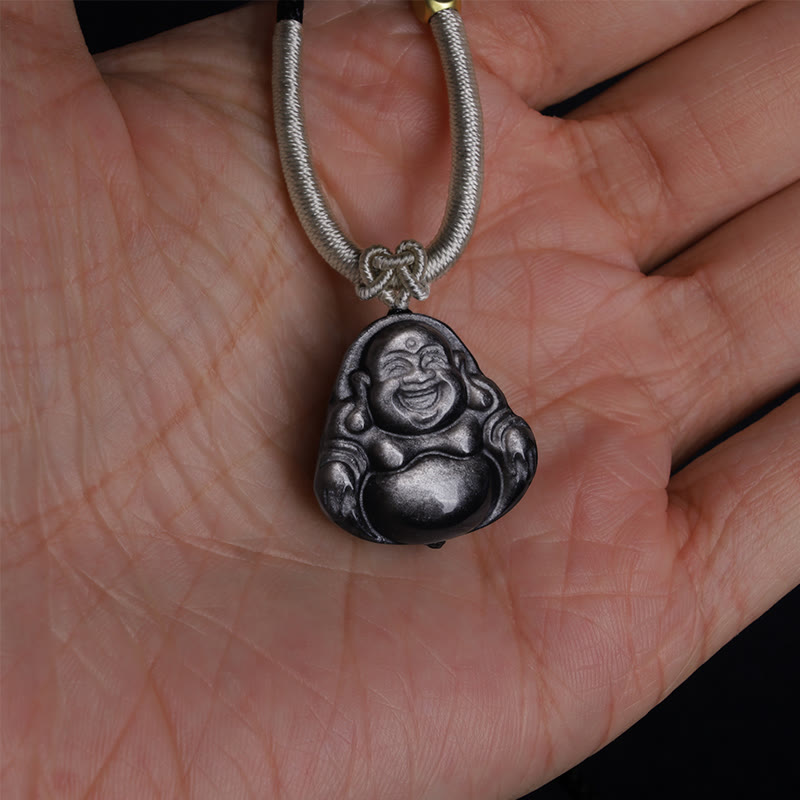 Silver Sheen Obsidian Protection Necklace with Laughing Buddha