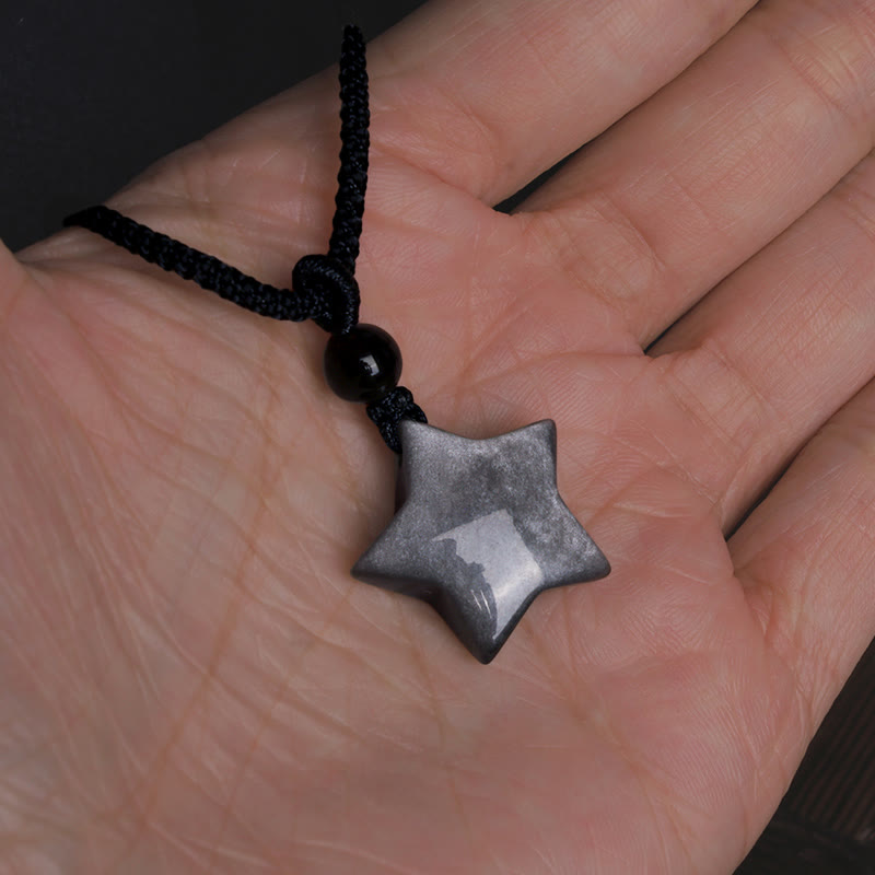 Silver Sheen Obsidian Protection Necklace with Star & Moon