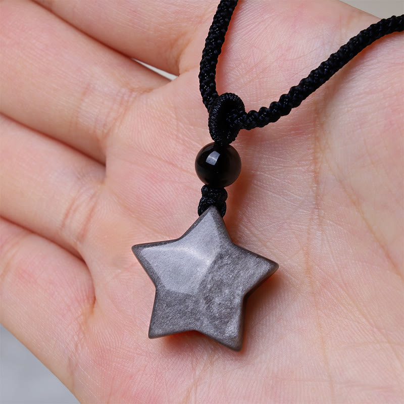 Silver Sheen Obsidian Protection Necklace with Star & Moon