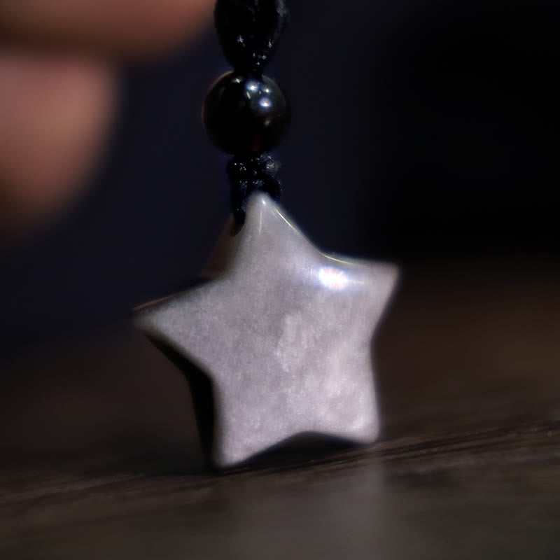 Silver Sheen Obsidian Protection Necklace with Star & Moon