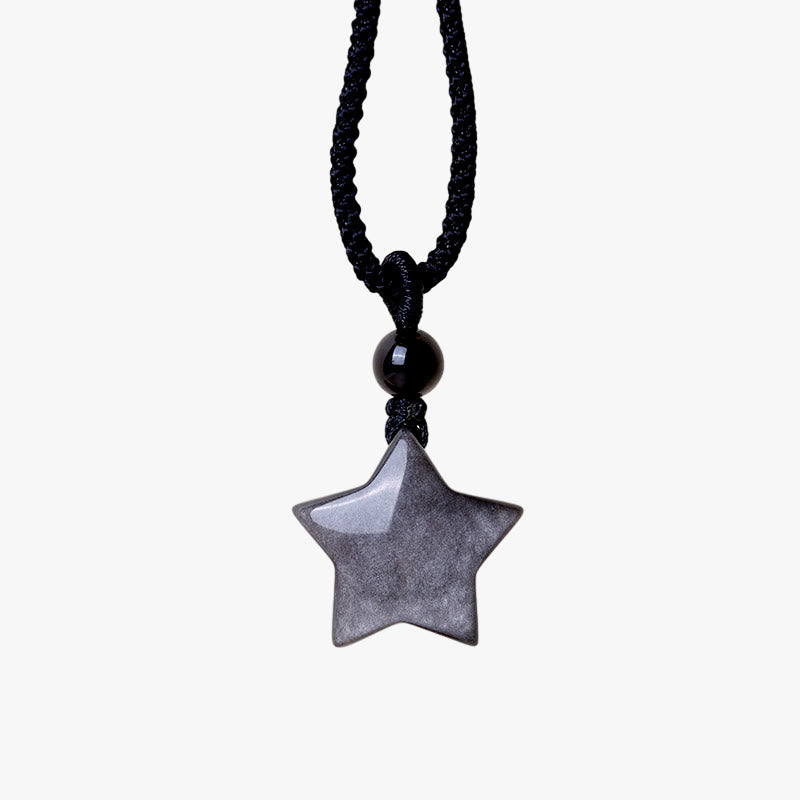 Silver Sheen Obsidian Protection Necklace with Star & Moon