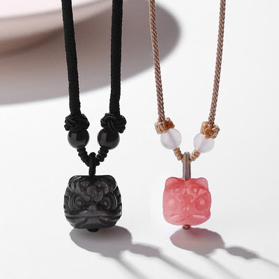 Silver Sheen Obsidian Red Agate Protection Necklace Pendant