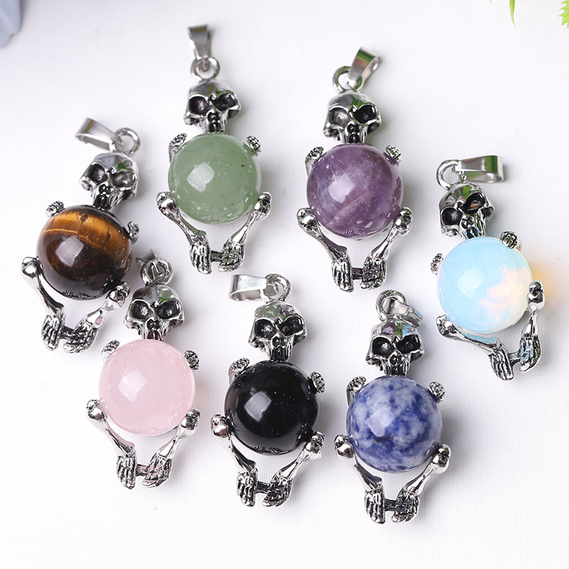 Silver Skeleton Wrapped Round Ball Crystal Spiritual Pendant