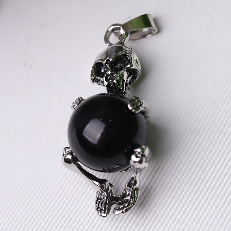 Silver Skeleton Wrapped Round Ball Crystal Spiritual Pendant