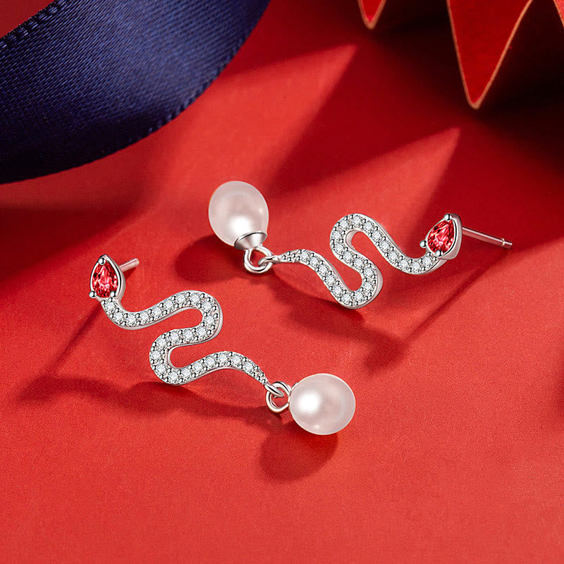 Silver Snake Pearl Earrings - Wisdom & Protection