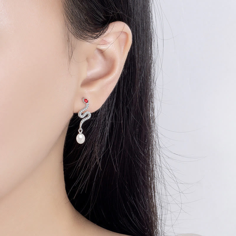 Silver Snake Pearl Earrings - Wisdom & Protection