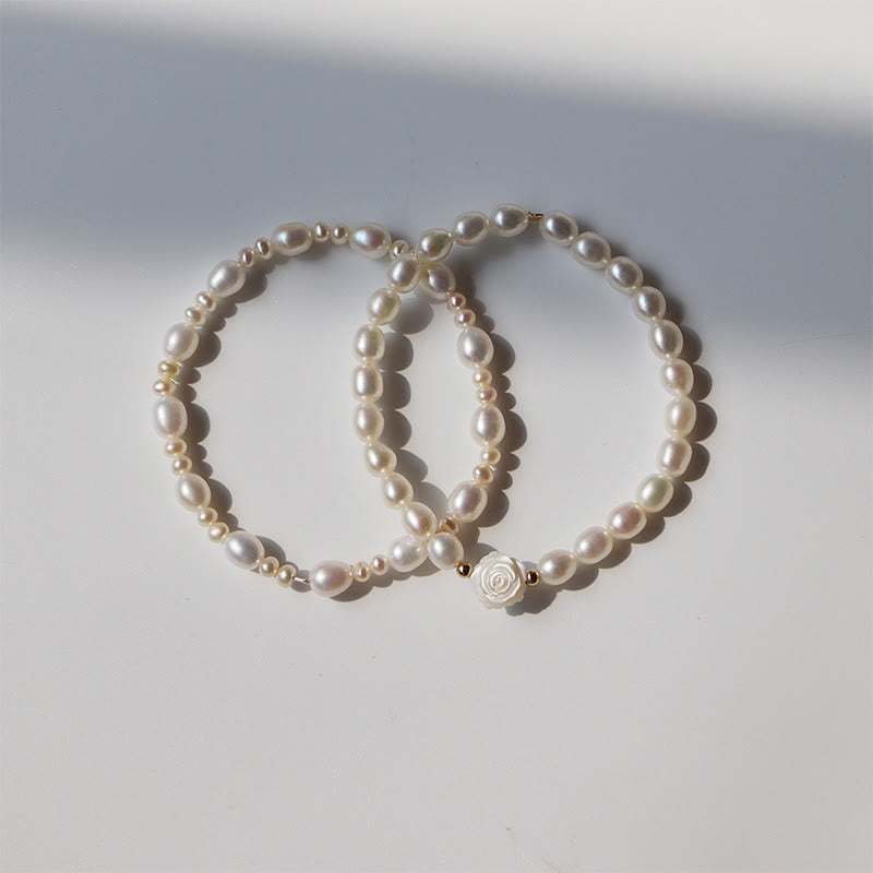 Sincerity Pearl Bracelet with Flower Motif - Natural 15-16cm