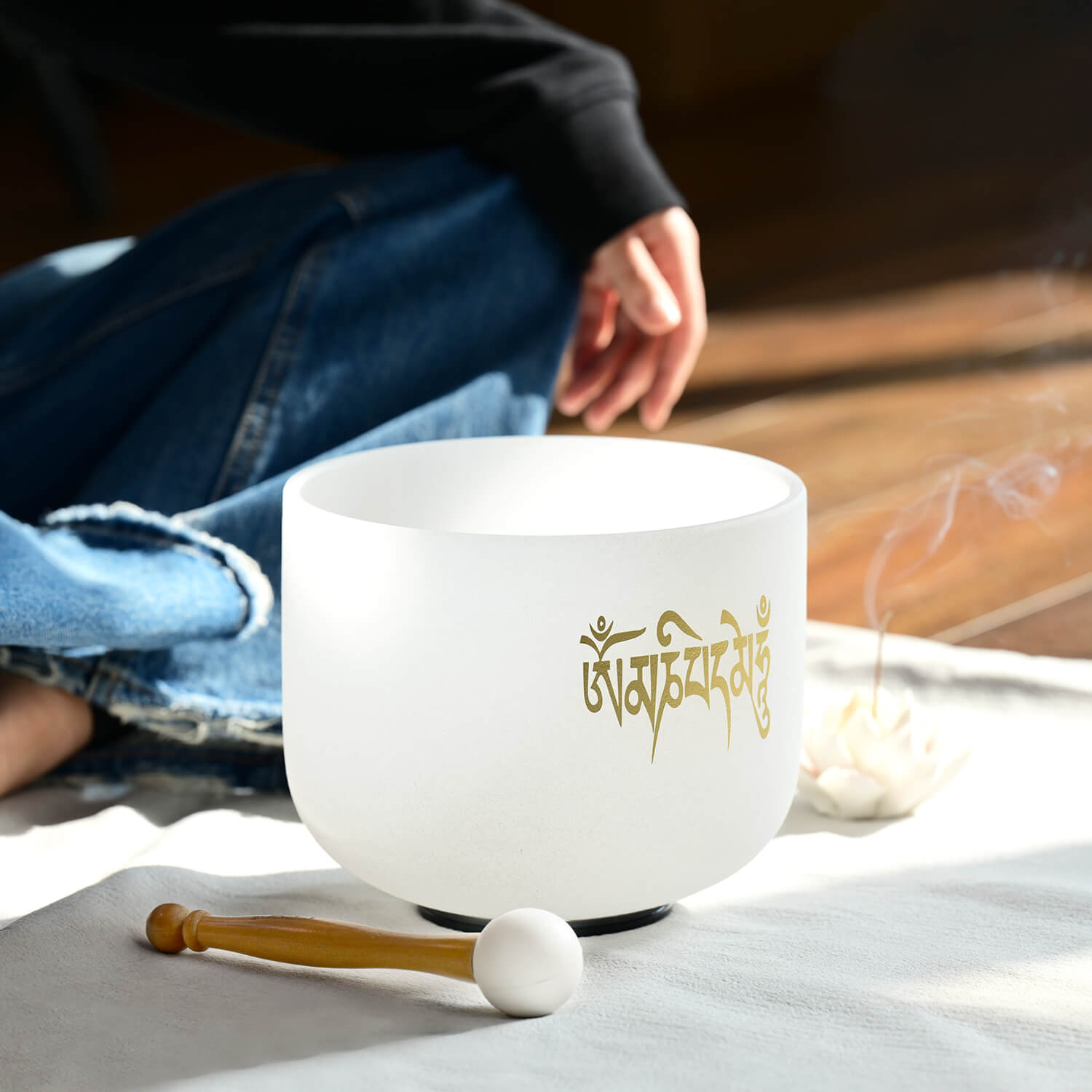 White crystal singing bowl with gold Sanskrit, named Six-Syllable Mantra Frosted Quartz