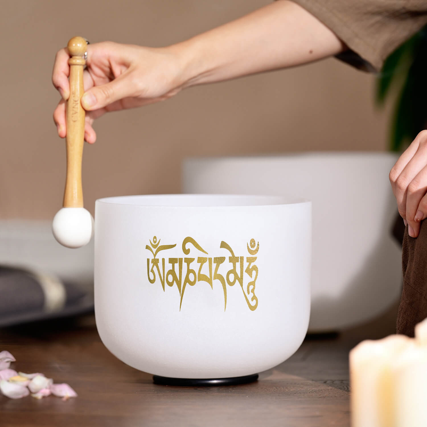 White singing bowl with golden Sanskrit text, Six-Syllable Mantra Frosted Quartz Bowl