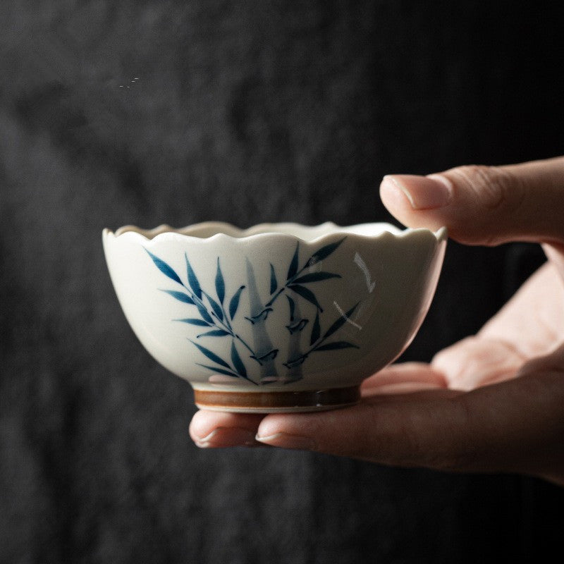 Small Blue Bamboo Leaves Ceramic Teacup for Kung Fu Tea Rituals