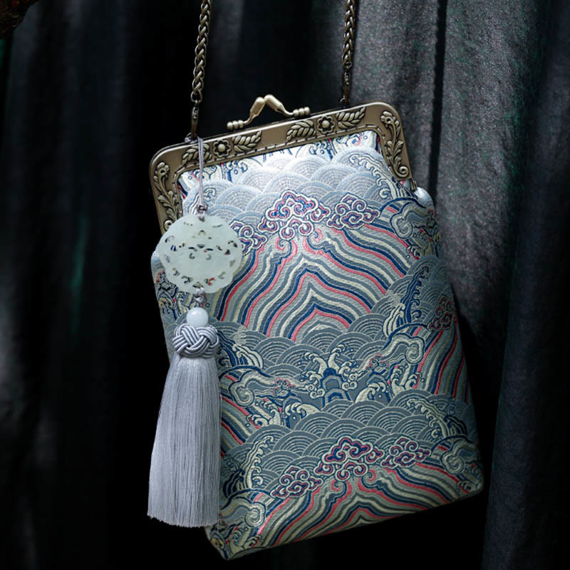 Small Blue Ocean Waves Crossbody Bag With Metal Chain