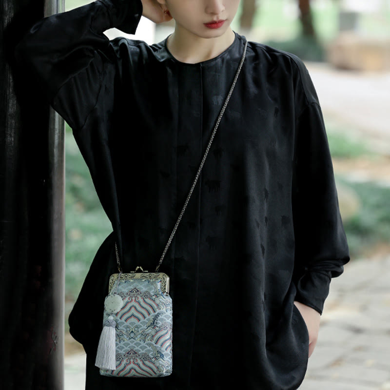 Small Blue Ocean Waves Crossbody Bag With Metal Chain