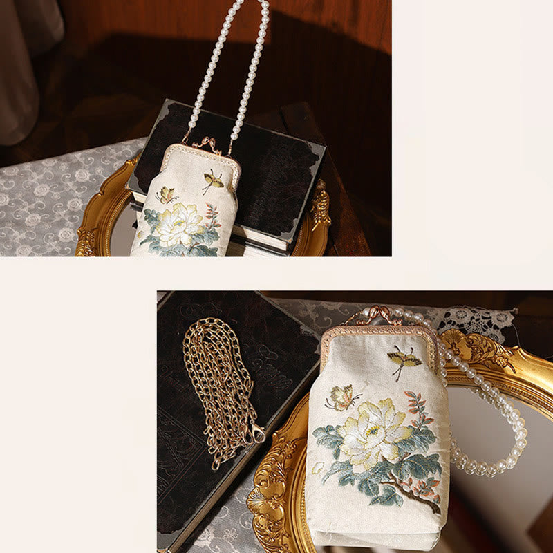 Small Flowers Butterfly Embroidered Pearl Chain Shoulder Bag