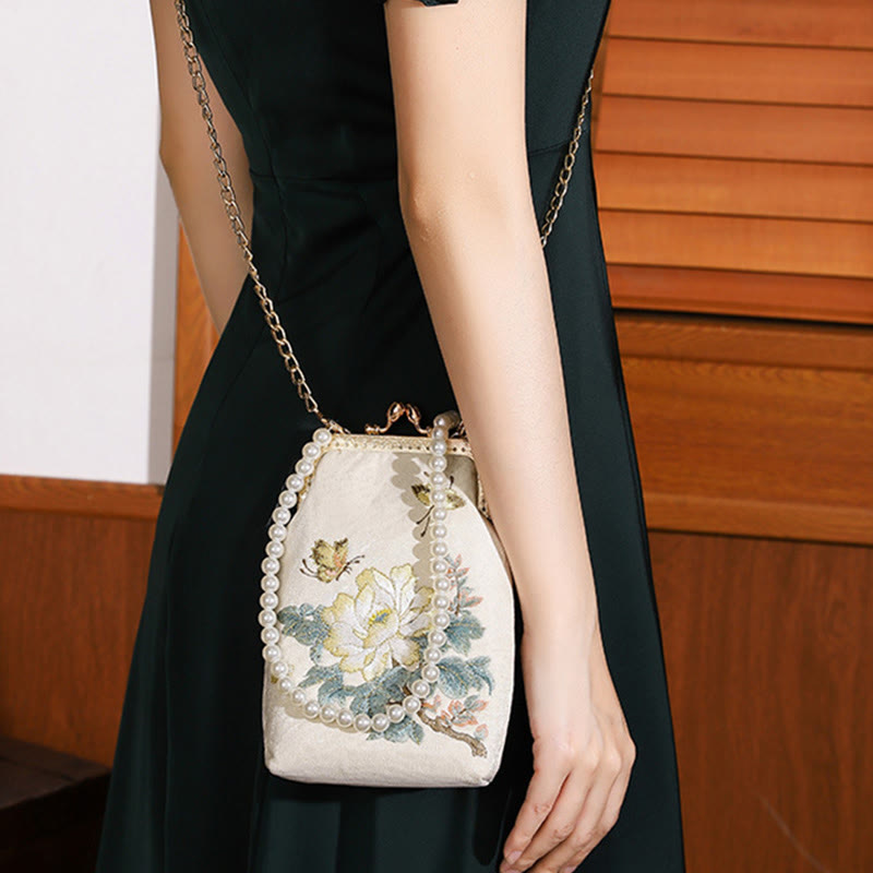 Small Flowers Butterfly Embroidered Pearl Chain Shoulder Bag