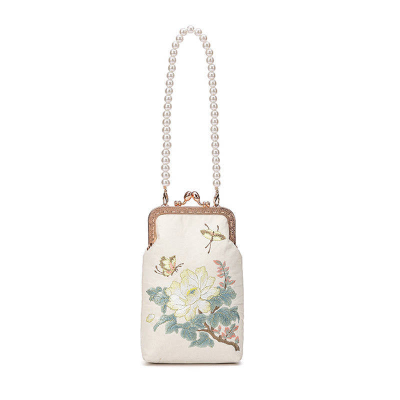 Small Flowers Butterfly Embroidered Pearl Chain Shoulder Bag