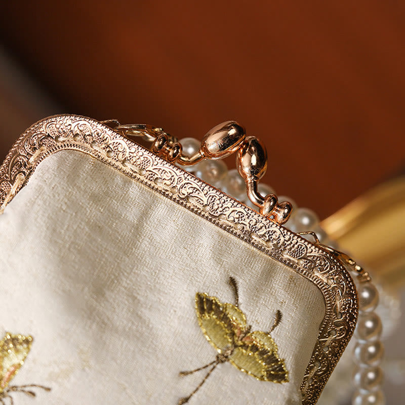 Small Flowers Butterfly Embroidered Pearl Chain Shoulder Bag