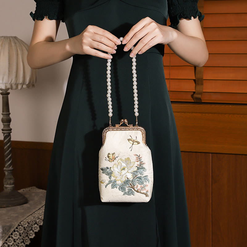 Small Flowers Butterfly Embroidered Pearl Chain Shoulder Bag