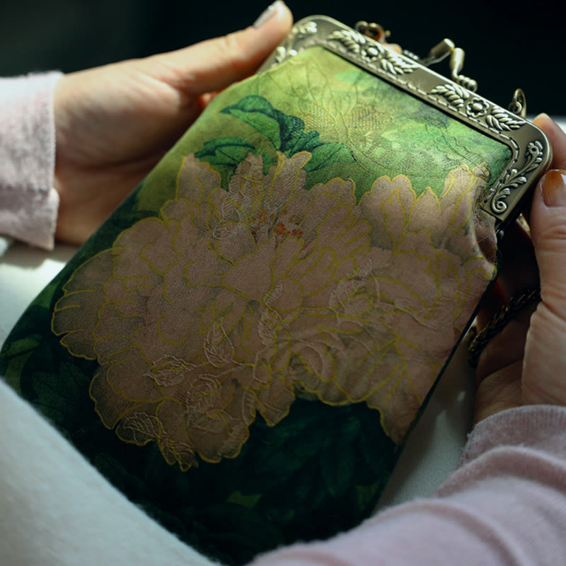 Small Green Peony Butterfly Metal Chain Crossbody Shoulder Bag