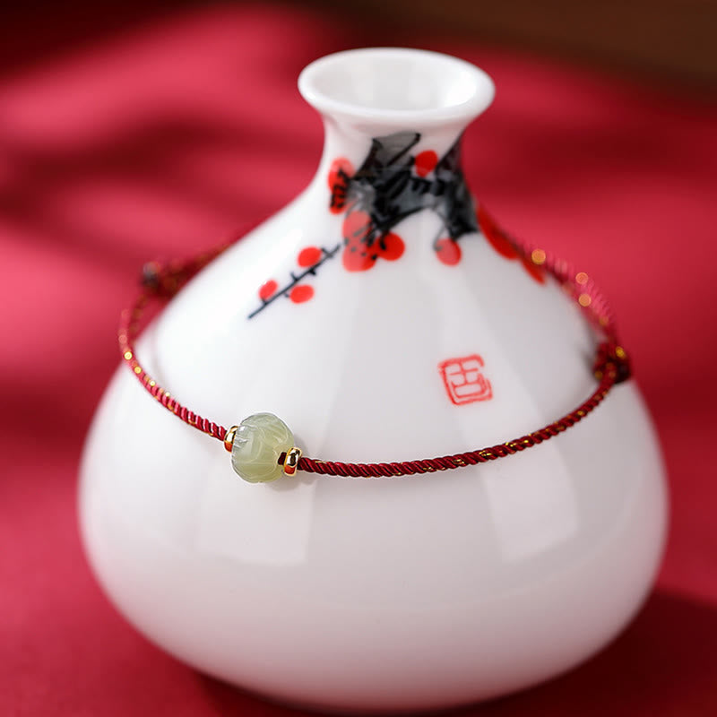 Small Hetian Jade Lotus Luck Red String Bracelet 6x8mm