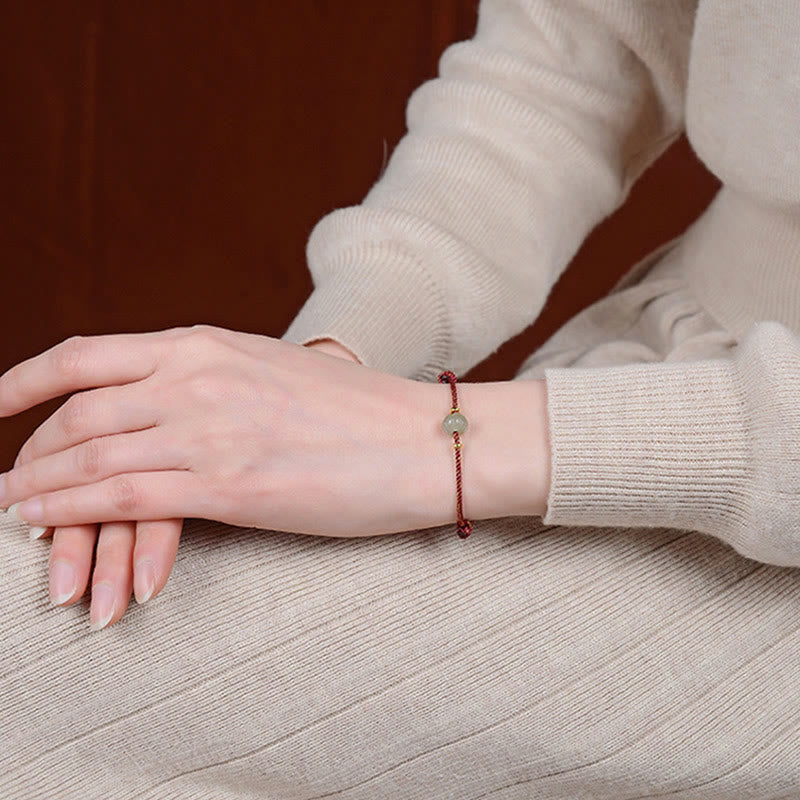 Small Hetian Jade Lotus Luck Red String Bracelet 6x8mm