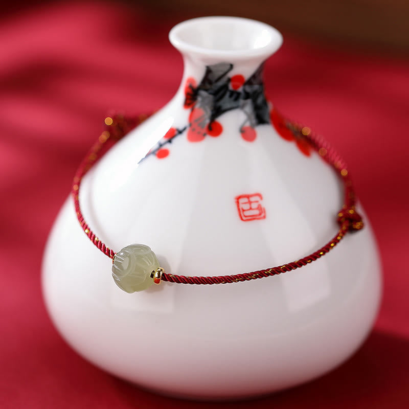 Small Hetian Jade Lotus Luck Red String Bracelet 6x8mm