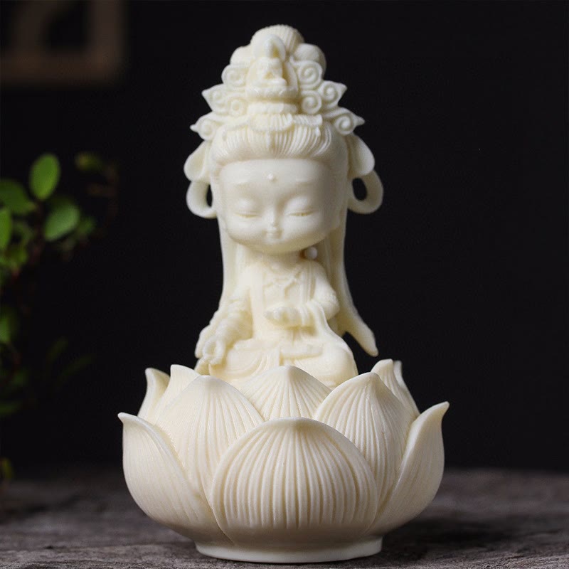 Small Ivory Fruit Kwan Yin Avalokitesvara Lotus Desk Decoration