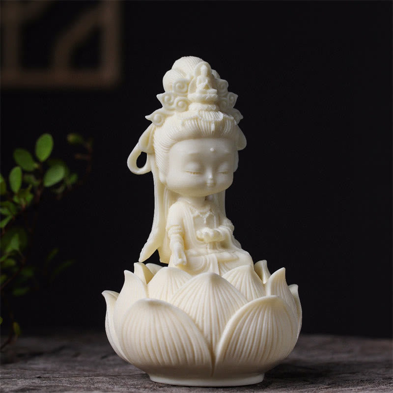 Small Ivory Fruit Kwan Yin Avalokitesvara Lotus Desk Decoration