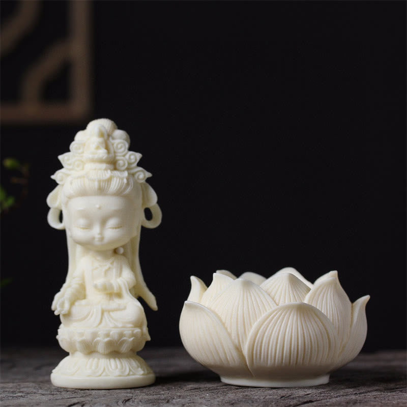 Small Ivory Fruit Kwan Yin Avalokitesvara Lotus Desk Decoration