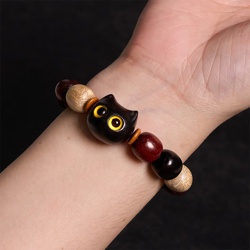 Small Leaf Red Sandalwood Protection Bracelet with Cute Cat Engraving