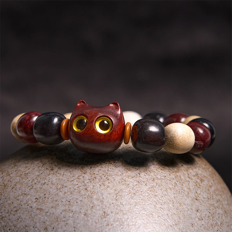 Small Leaf Red Sandalwood Protection Bracelet with Cute Cat Engraving