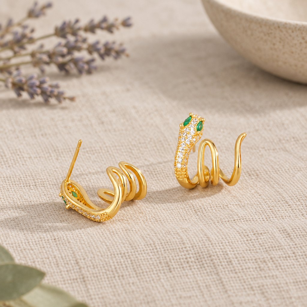925 Sterling Silver Green-eyed Snake Earrings for Harmony, gold pair, one showing the back post