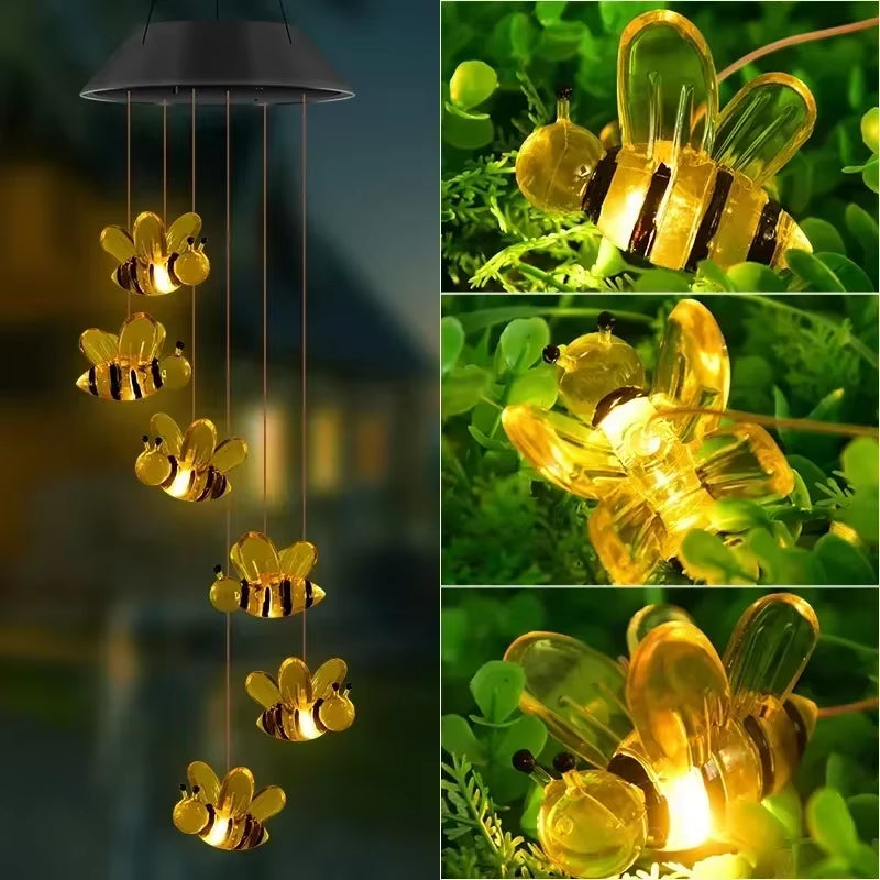 Solar Angel Wind Chime Light featuring solar-powered bees and glowing LED lights