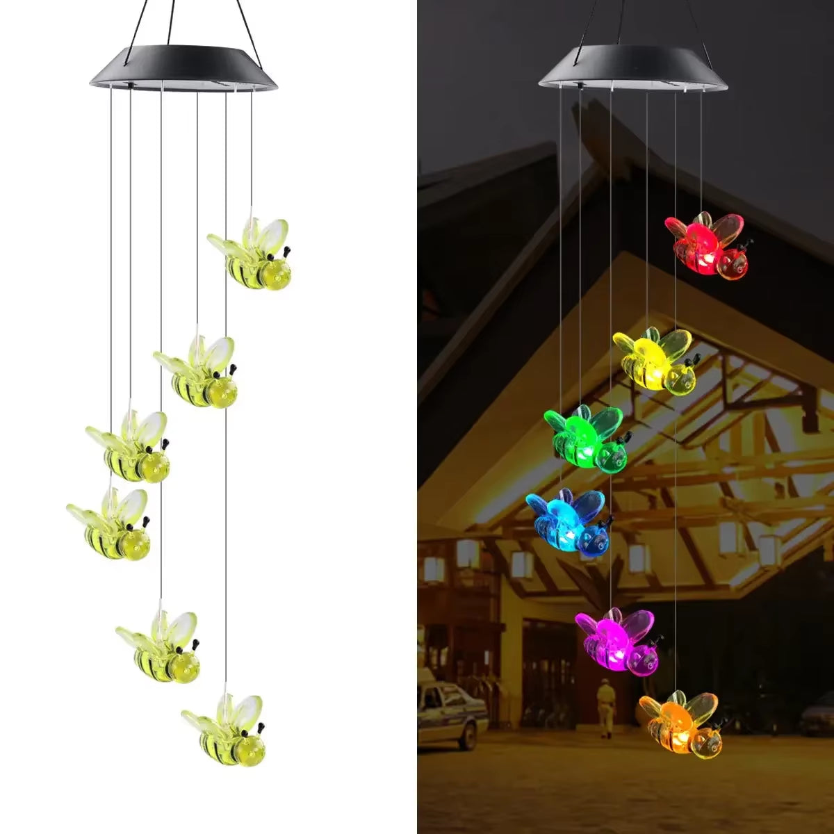 Solar-powered color-changing bee wind chime with LED lights for outdoor decoration