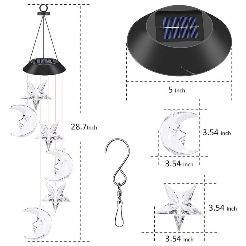 Solar-powered wind chime with moons and stars in clear acrylic for outdoor decor