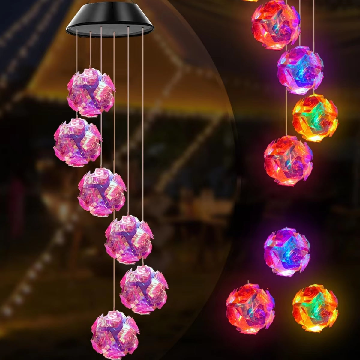 Color-changing LED solar wind chime light with glowing orb lights for outdoor decor