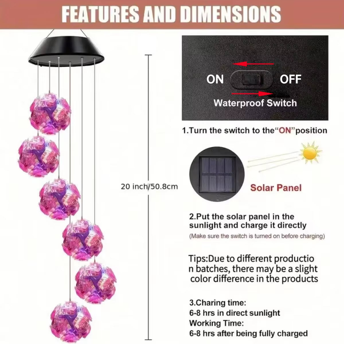 Solar Color-Changing Wind Chime Light with pink crystal-like spherical ornaments