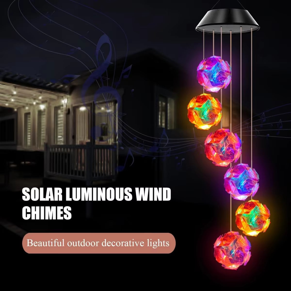 Solar Color-Changing Wind Chime Light displaying six colorful illuminated orbs