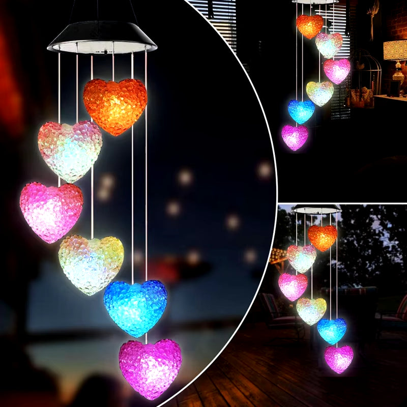 Solar Color-Changing Heart-Shaped Wind Chimes with LED Lights for Garden Decor