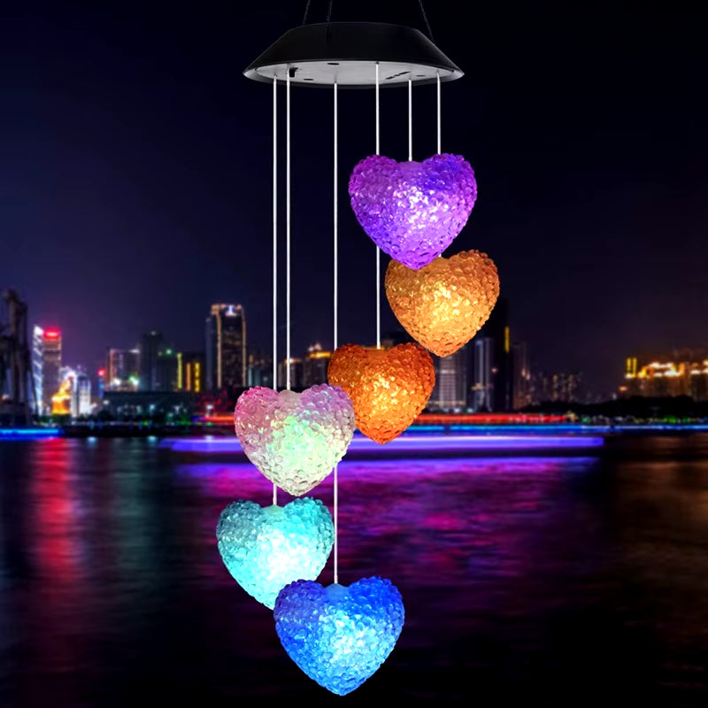 Color-changing LED heart-shaped wind chime mobile for enchanting garden decor